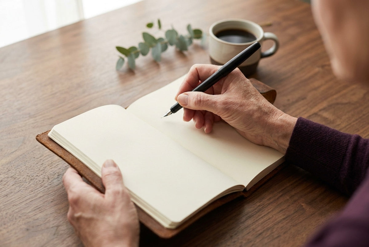 A close-up of a woman's hands writing in a leather journal with a black fountain pen, a ceramic mug of coffee beside her.