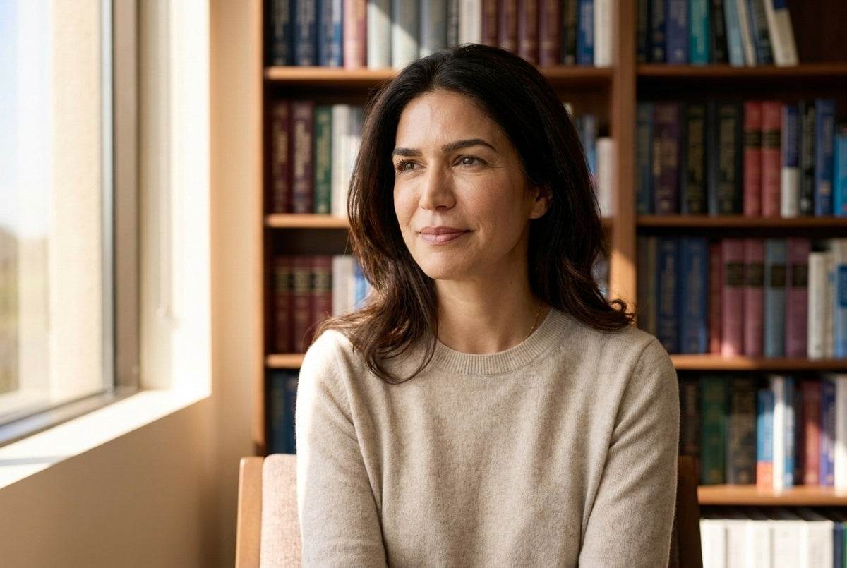 A warm woman in her early 50s sits in a sunlit clinic library with rows of medical books behind her, calm and confident.