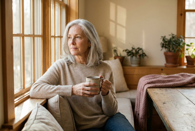 A woman in her late 50s with silver hair sits by a sunlit window with a ceramic mug, looking thoughtfully outside.