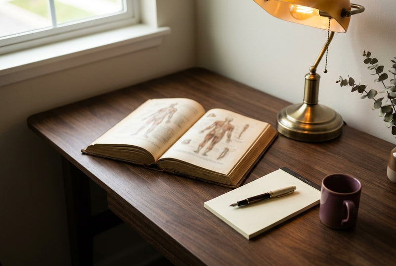 An editorial desk corner with an open vintage anatomy book, a notepad with a fountain pen, and a glowing brass desk lamp in soft afternoon light.