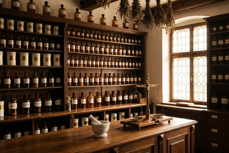 A historic European apothecary interior with warm wood shelves filled with amber-glass bottles, a brass scale and marble mortar on the counter, leaded-glass window light.