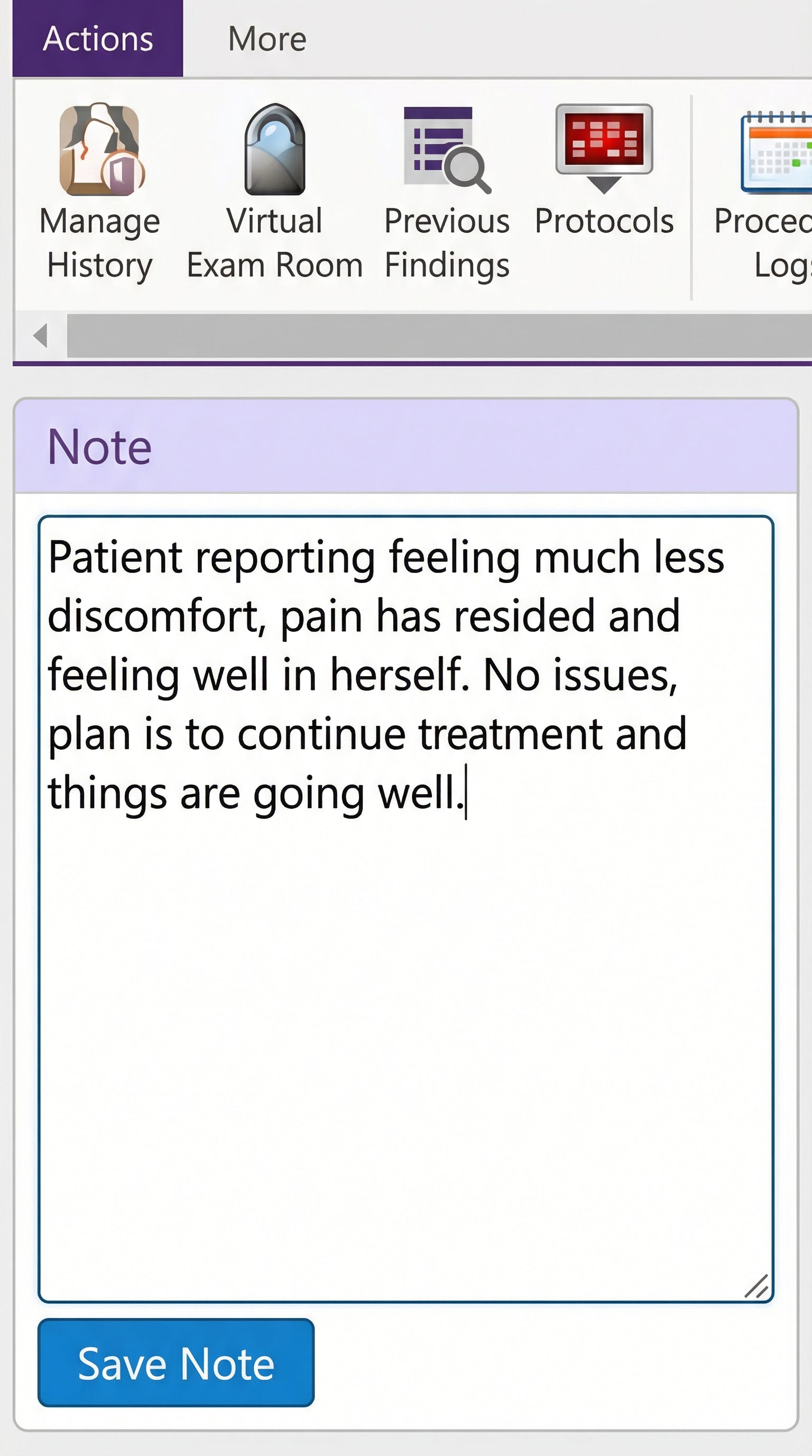 Patient note — Emily reporting feeling much less discomfort
