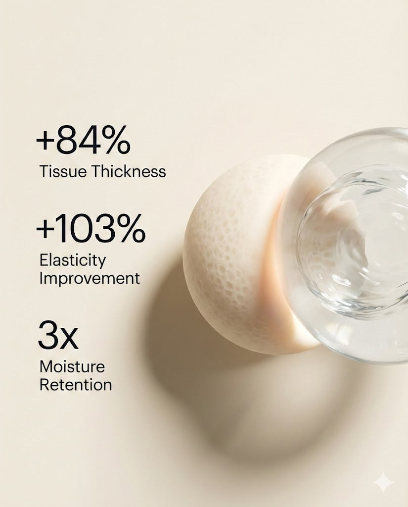 Clinical results — +84% tissue thickness, +103% elasticity, 3x moisture retention