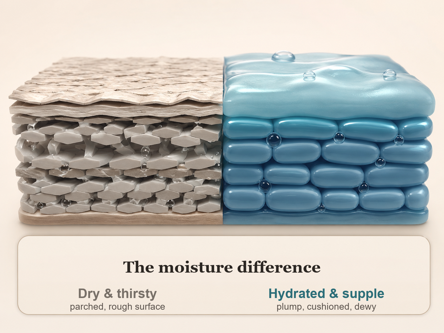 The moisture difference: dry, thirsty skin versus hydrated, supple, cushioned comfort