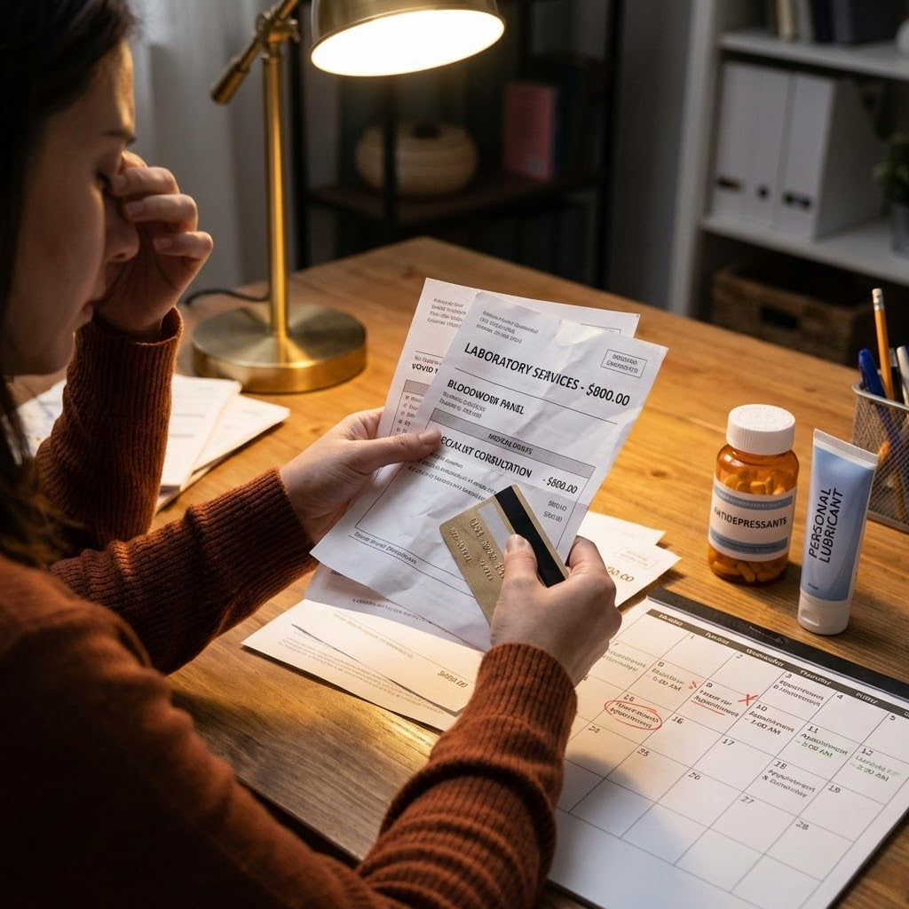 Woman at pharmacy counter, frustrated