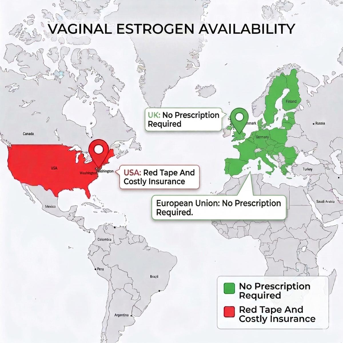 Vaginal estrogen availability — Europe no prescription, USA red tape